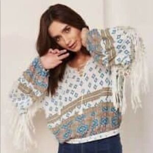 Free People Macra Maze Me V neck tassel blouse
